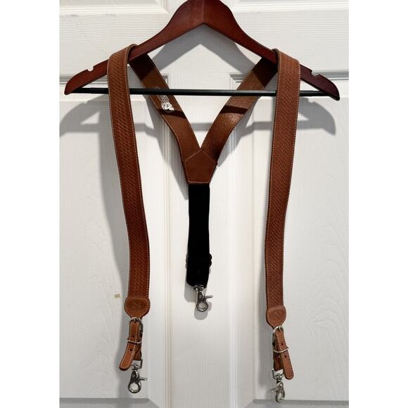 Nocona Suspenders Mens Gallus Brown Tan Leather Embossed Weave - Picture 1 of 7